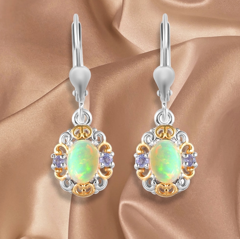 NWT ETHIOPIAN WELO OPAL & TANZANITE  YG & PLATINUM OVER STERLING SILVER EARRINGS